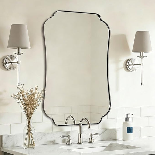 ANDY STAR 24"x40" Chrome Mirror, Scalloped Bathroom Wall Mirror in Anti-Rust Stainless Steel Metal Frame 1’’ Deep, Hangs Vertically/Horizontally
