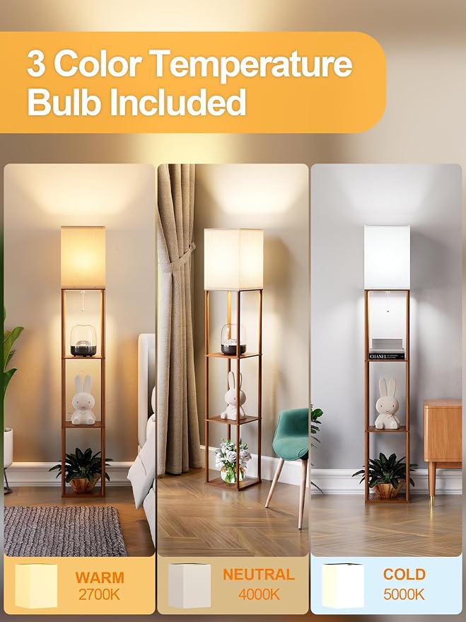 PARTPHONER Floor Lamp with Shelves for Living Room Walnut Brown 2 Pack, Shelf Floor Lamp with 3 CCT LED Bulb, Corner Display Standing Column Lamp Etagere Organizer Tower Nightstand for Bedroom