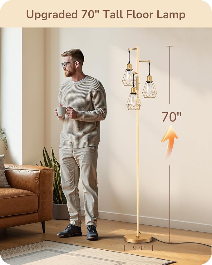EDISHINE 70'' Dimmable Industrial Floor Lamp, Farmhouse Standing Lamps Diamond-Shaped Lampshade, 3 LED Edison Bulbs Included, Modern Rustic Floor Lamps for Living Room, Bedroom, Office, Gold