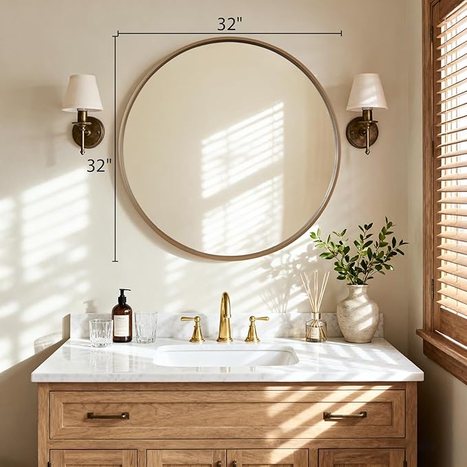 HOMECOOKIN Round Wood Mirror 32 inch Circle Wall Mirror for Bathroom, Vanity, Entryway, Living Room Decor, Natural Rustic Mirror