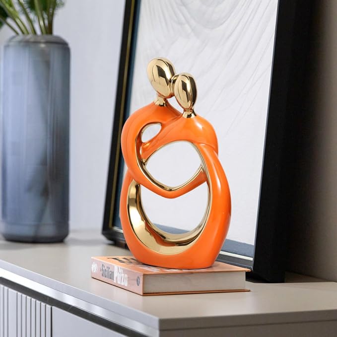 APLUSH Modern Couple Statue Home Decor, Abstract Art Ceramic Sculpture Creative Crafts Living Room Decor for Bedroom Office Coffee Table Shelf Decor,Orange,2pcs