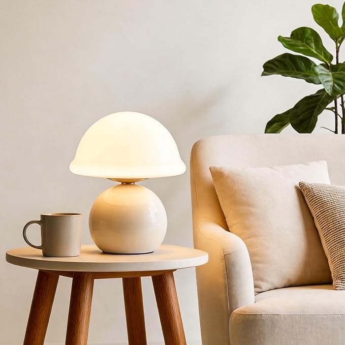 Mushroom Table Lamp for Bedroom, Cozy Bedside Lamp with Glass Shade, Stepless Dimmable Nightstand Lamp for Relaxing Bedroom Decor & Aesthetic Home (White)