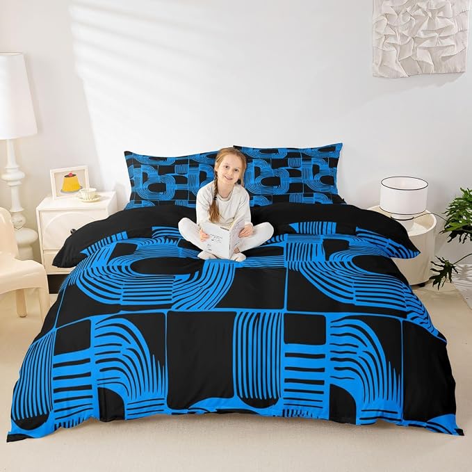 Erosebridal Black and Blue Duvet Cover Queen Size for Boys Bohemian Geometric Bedding Set Mid Century Abstract Comforter Cover for Kids Teens Youth Women Boho Stripes Minimalist Bed Sets, Breathable
