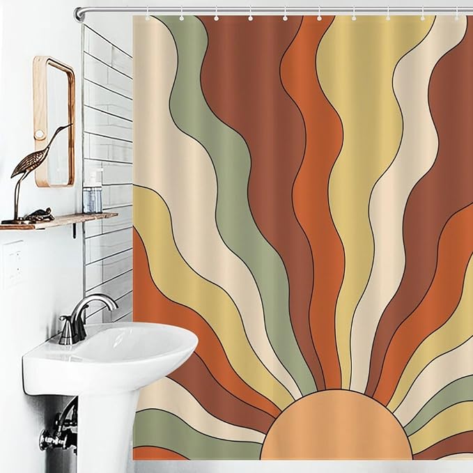 70s Orange Shower Curtain for Bathroom, Boho Sun Funky Hippie Wave Mid Century Abstract Sunrise Sunset Modern Geometric Colorful Retro Waterproof Fabric Shower Curtain Set with Hooks, 72"x72" Inch
