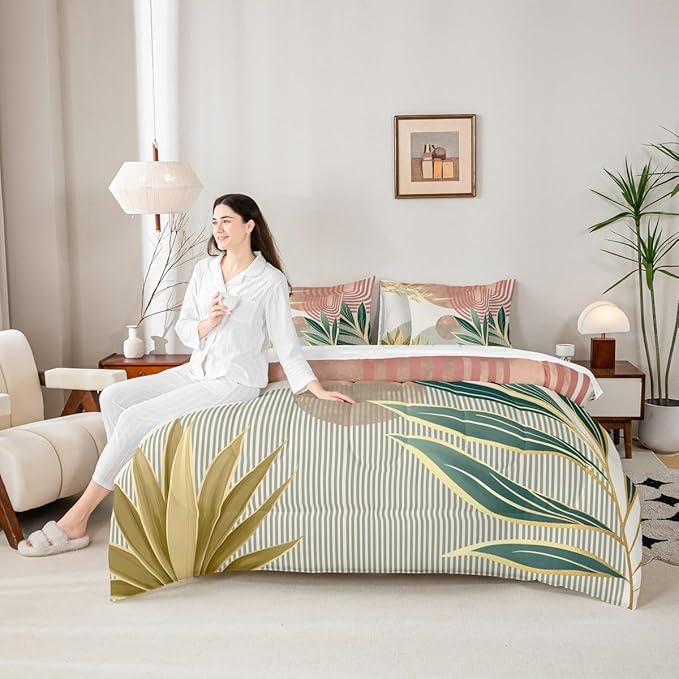 Erosebridal 7 Pcs Mid Century Boho Comforter Set Full Abstract Retro Minimalist Bedding Sets for Women,Modern Bohemian Aesthetic Bed in a Bag Simple Quilt with Flat Fitted Sheet,Pink Green