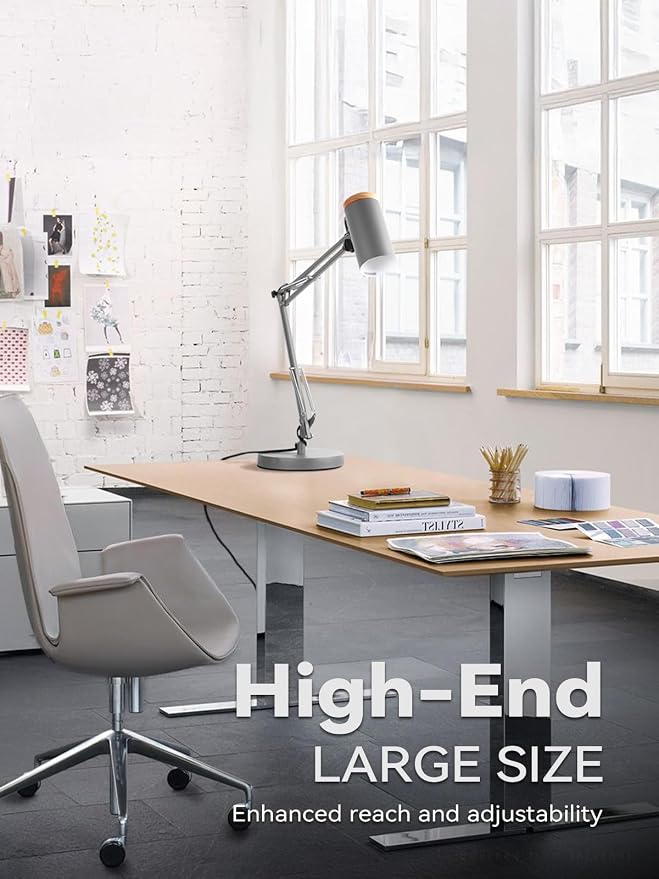TORCHSTAR Tall Swing Arm Desk Lamp with Wooden Accent, Adjustable Large Size Max Height 31", E26 Base Metal Task Lamp, Office Desktop Lamp with On/Off Switch, for Reading, Study, Workbench, Grey