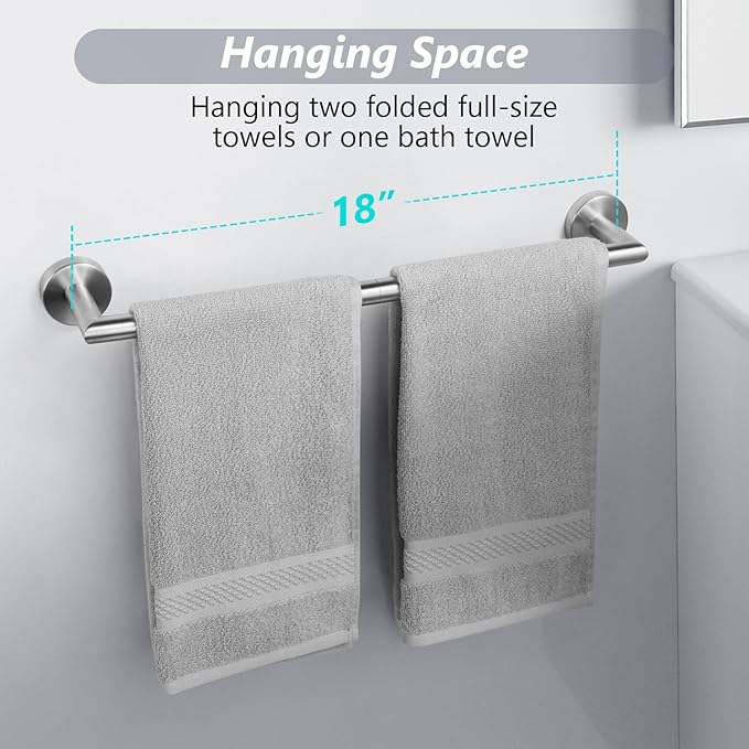 Brushed Nickel Bath Towel Bar 18 Inch Bathroom Towel Rack Wall Mounted Towel Holder Modern Home Decor Towel Rod Bathroom Hardware Silver Towel Hanger Towel Rail Towel Shelf Single Bar Brushed Finished