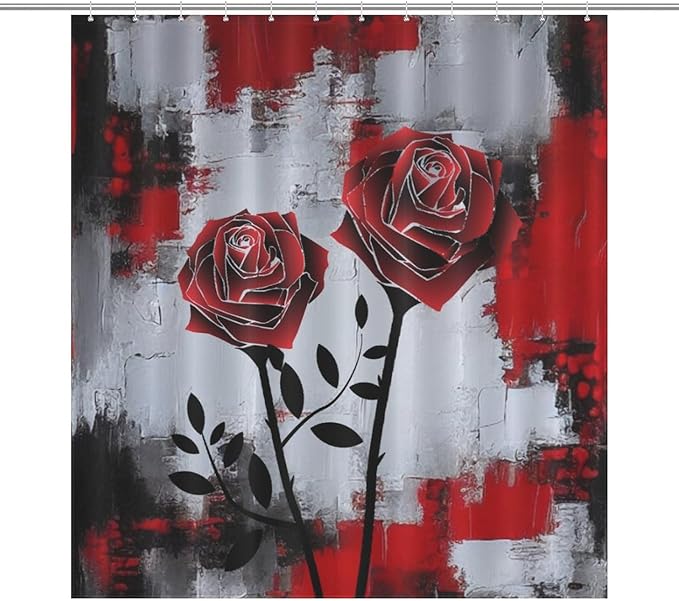 Red Rose Abstract Shower Curtain Nature Red Rose Floral Valentine's Day Artistic Waterproof Shower Curtains for Bathroom Decor 12 Pack Hooks 66x72in（168x183cm）