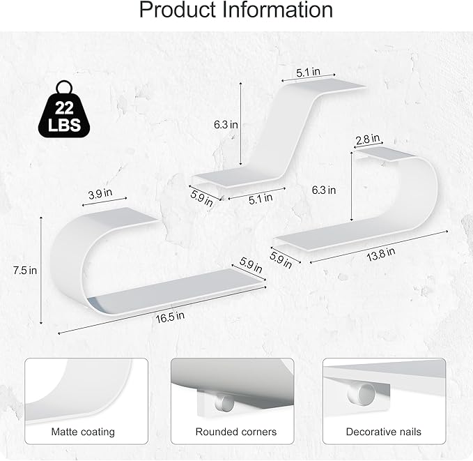 White Floating Shelves Set of 3, White Metal Decor, Unique Mounted Floating Shelf, Modern Long Wall Shelf, Large Wall Shelves for Bedroom, Bathroom, Living Room