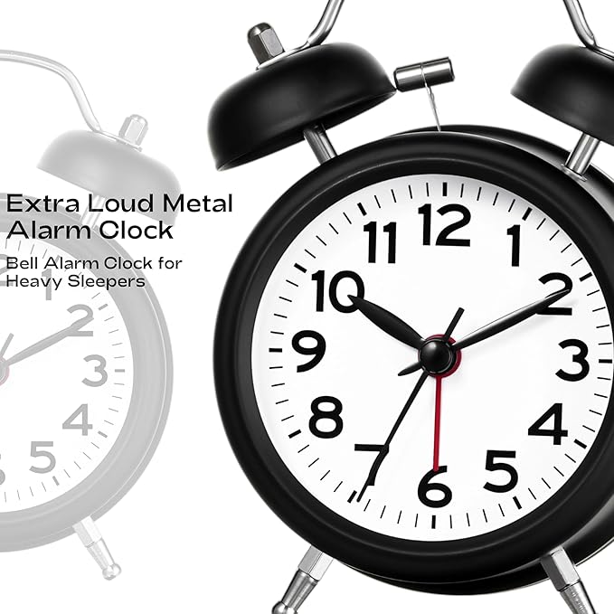 AKCISOT Loud Alarm Clock for Heavy Deep Sleepers,3 Inches Analog Metal Twin Bell Clocks Battery Operated with Backlight for Bedroom Bseide, Old Fashioned for Desk Home Decoration (Black White)