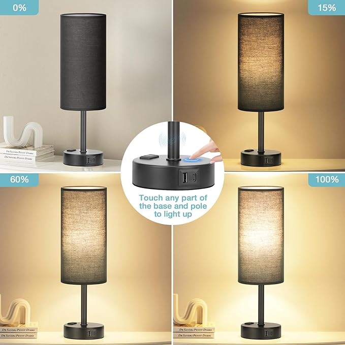 Fenmzee Black Bedroom Lamp for Nightstand - 3 Way Dimmable Bedside Lamp USB C A Charging Ports and AC Outlet, Small Table Lamp Black Base for Living Room, Office Desk, LED Bulb Included