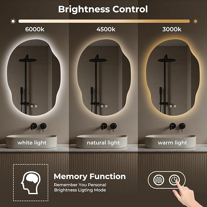 Asymmetrical Bathroom Mirror with Lights, Irregular LED Backlit Vanity Mirror, 31" H x 22" W, Anti-Fog, Dimmable Lighting with 3 Color Temperature, Memory, Hardwired, Vertical or Horizontal Mount