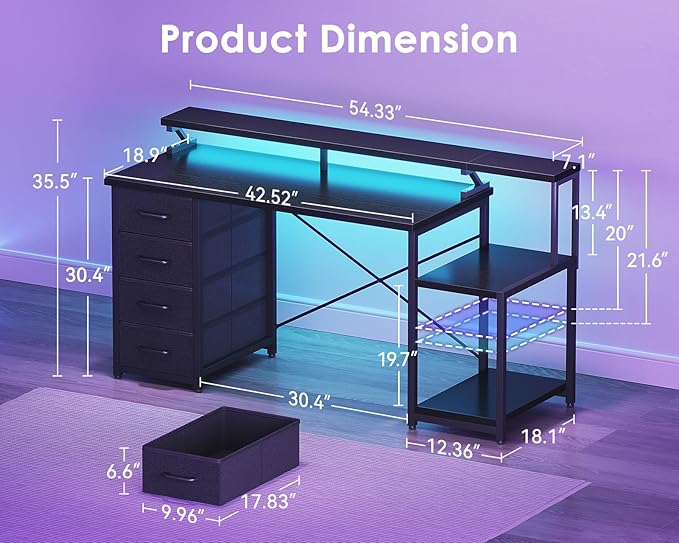 ODK 55 Inch Computer Desk with 4 Drawers, Office Desk with LED Lights and Storage Shelves, Large Writing Study Table for Home, Bedroom, Study or Gaming Setup, Black