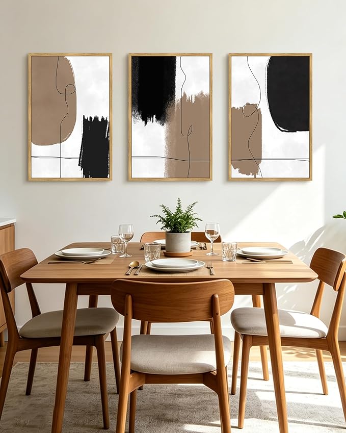 KUVIOKE Neutral Abstract Framed Wall Art Beige Mid Century Textured Wall Decor Minimalist Line Modern Illustrations Art Print Home Decor 24x36in (Natural Framed)