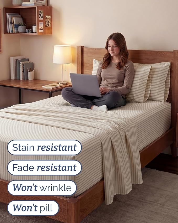 Extra Deep Twin XL Sheet Set - 4 Piece College Dorm Bed Sheets Set with Extra Deep Pockets - Ultra-Soft, Comfy & Breathable Bedding for Women, Men, Kids & Teens - Wrinkle & Fade Free - Beige Stripes 2