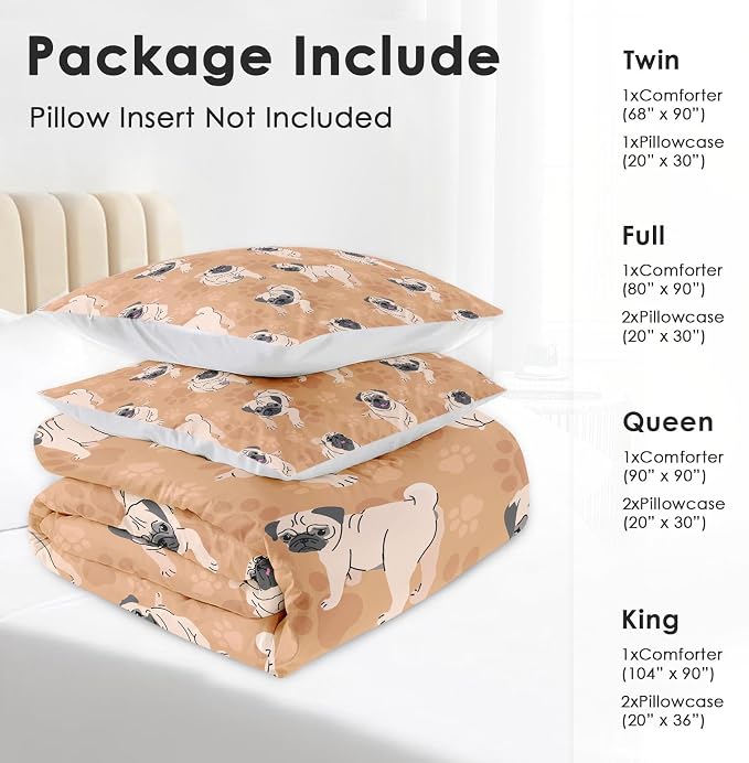 Comforter Set with Pillowcase Twin Size, Cute Brown Pug Dog Lover, Bed Decor Happy Puppy Animal Paws Gift for Kids and Adults, Soft Cozy Bedroom Bedding Set