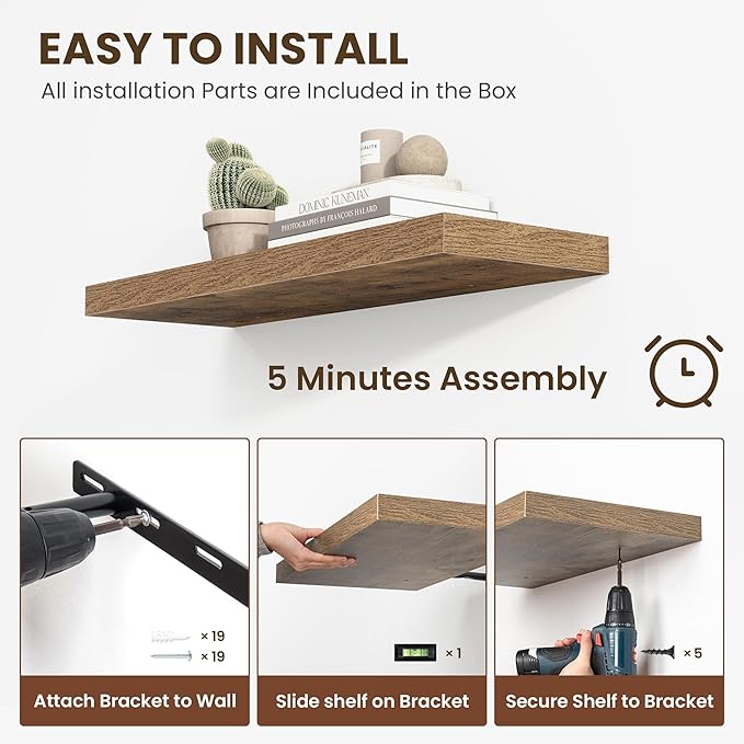 24 Inch Floating Shelves, 12 Inch Deep Floating Shelves for Wall, Floating Shelf with Invisible Brackets, Deep Shelves for Bathroom, Bedroom, Living Room, 2 Pack, Brown
