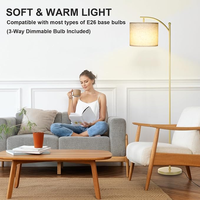 LALISU Floor Lamp for Living Room, Dimmable Floor Lamp with Foot-Step Switch Standing Lamp with Linen Shade Reading Lamp for Living Room Bedroom Office Dining Room, 9W Bulb Included (Gold)