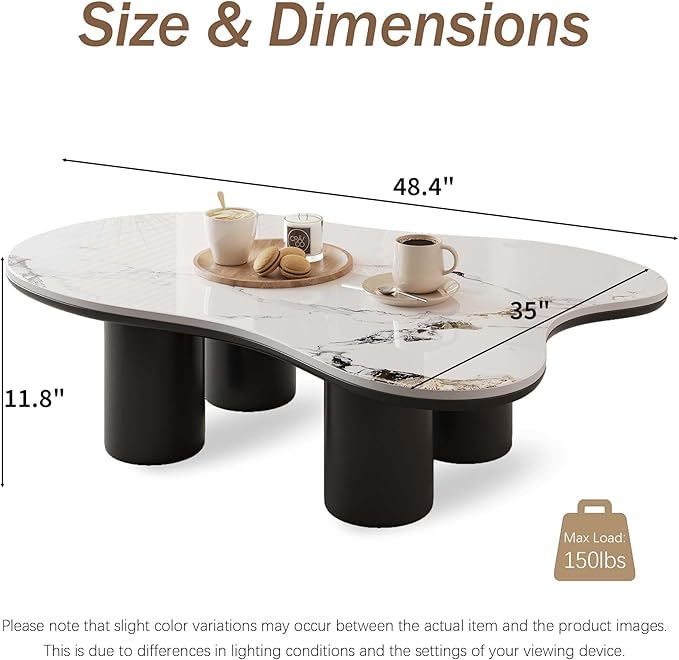 Cloud Coffee Table, Irregular Indoor Tea Table for Living Room, 48.4" Modern Home Sintered Stone End Table with 4 Black Legs