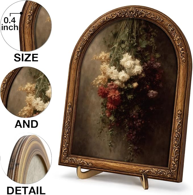 Dark Floral Wall Art Sign for Vintage Home Decor, Moody Flower Arch Wooden Tabletop Plaque, Gothic Farmhouse Shelf Accent, 8x10 Inch