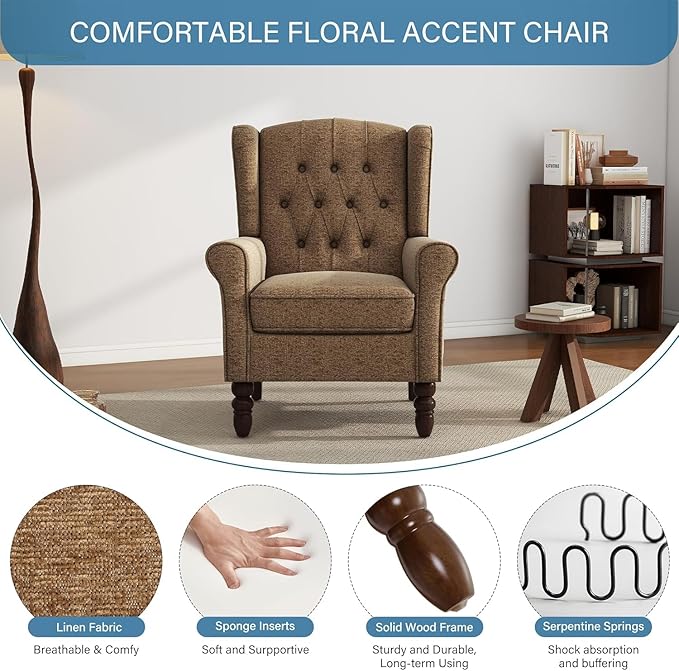 High Back Accent Chairs Set of 2, Fabric Upholstered Armchair Retro Wingback Arm Chair for Living Room, Comfy Single Sofa Bedroom Retro Reading Seat with Solid Wood Legs - Brown