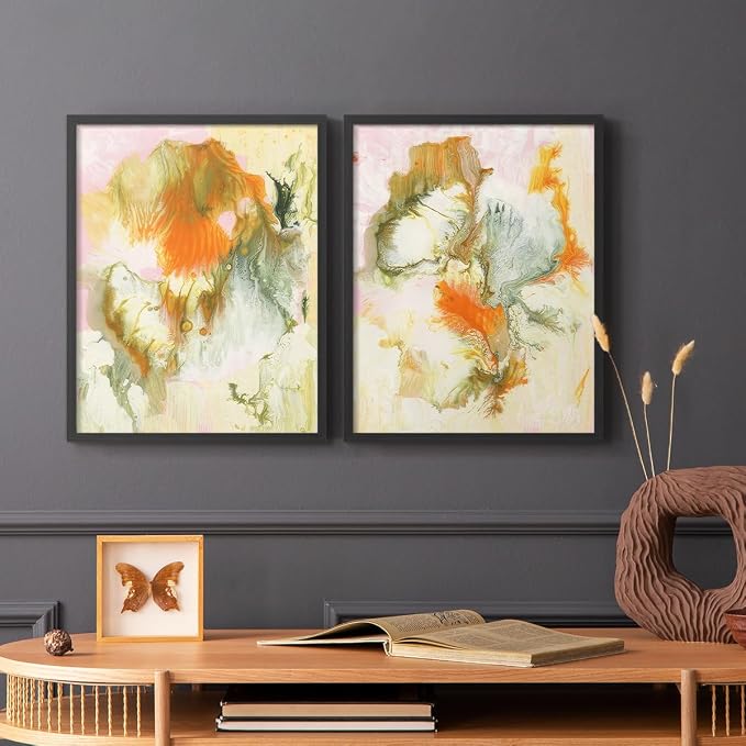 Renditions Gallery Set of 2 Peel & Stick Framed Prints, Modern Abstract Wall Art, Mix Color Oil Paint Design Wall Decor, Re-Stickable - Ready to Hang - 8"x10" - Black Frame LT588