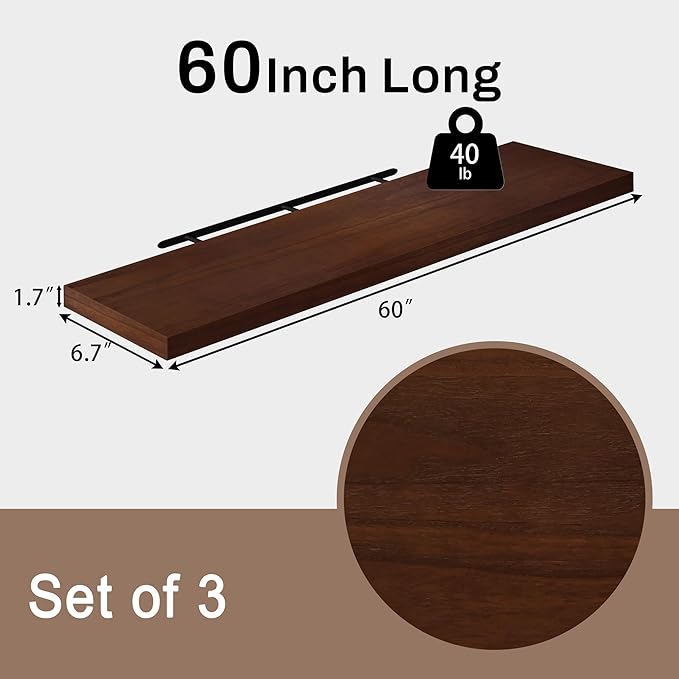 Floating Shelves for Wall, 60 Inch Extra Long Walnut Wall Shelves, Set of 3, Hanging Invisible Brackets Floating Shelves for Living Room,Bedroom,and Kitchen