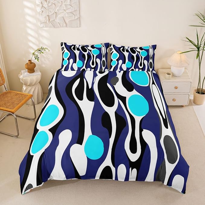Erosebridal Organic Abstract Duvet Cover Set Modern Contemporary Full Size Bedding Sets for Little Boys Boho Mid Century Wavy Lines Comforter Cover Retro Geometric Bed Set,Dark Blue Cyan