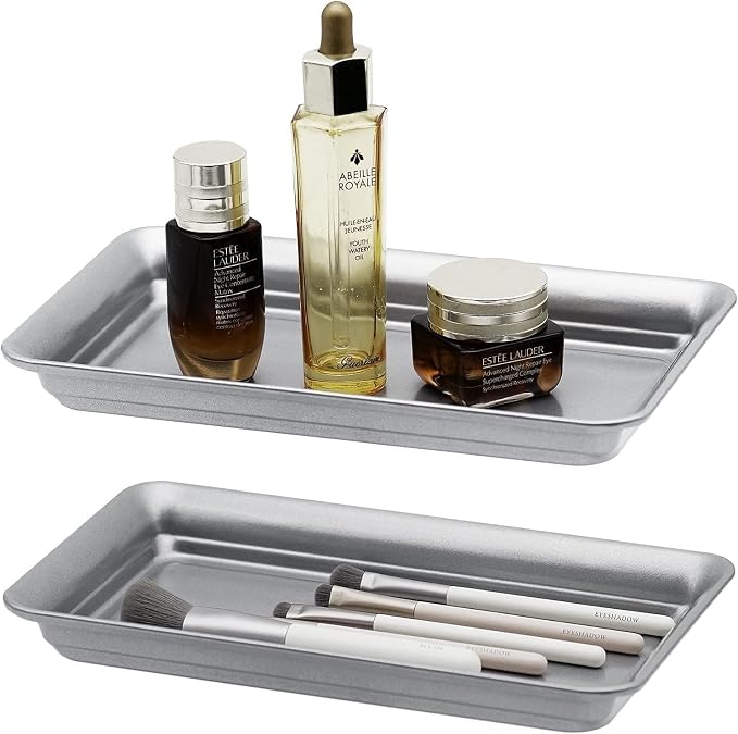 SheeChung Metal Vanity Tray, 2 Pack Guest Hand Towel Storage Tray, Farmhouse Countertop Organizer Decor, Sturdy Vintage Holder for Perfume, Cosmetics, Jewelry, Makeup, Bathroom- Grey