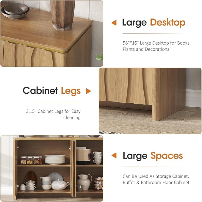 Vabches Fluted Buffet Cabinet with Storage, 3D Ripple Pattern Doors and Curved Edges, Modern Sideboard for Kitchen, Entryway, 4 Doors & Adjustable Shelf, Natural Wood, 57.9" W