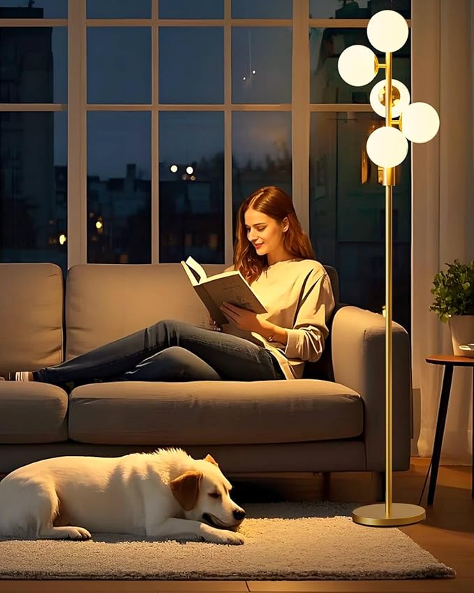 Lightdot Dimmable Globe Floor Lamp, Gold Standing Lamps with 5PCS 3000K Bulbs Included, Mid Century Modern Floor Lamp with 5Lbs Heavy Base for Living Room/Bedroom/Sofa Beside/Corner Decor