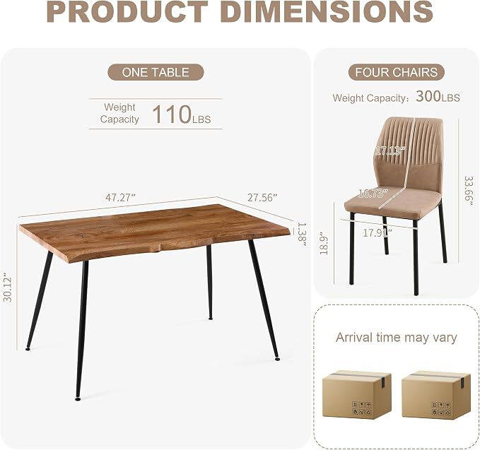 Dining Table Set for 4, Modern Wood Irregular Rectangle Dining Table,Leather Dining Chairs 4,Table and Chairs Set of 4 for Kitchen Dining Room, Beige