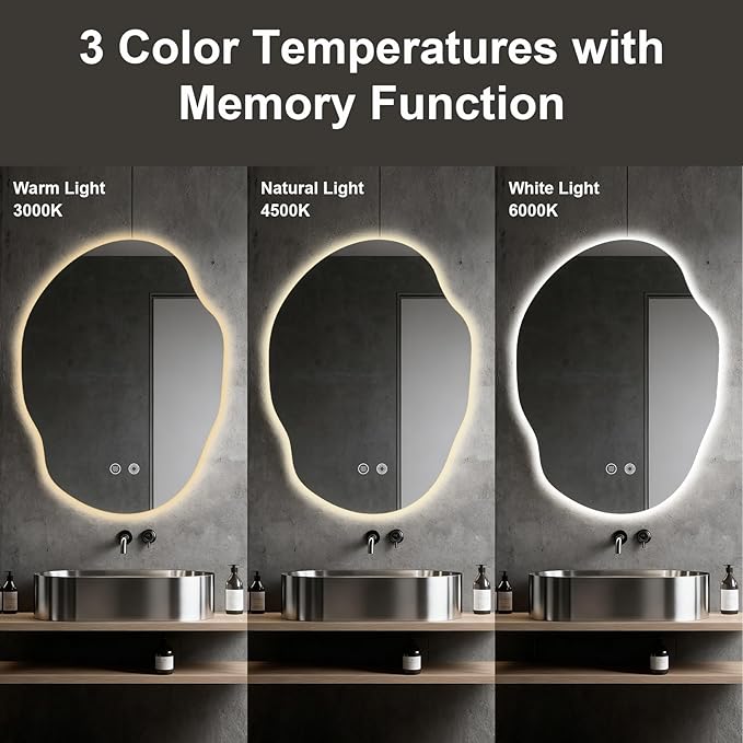 Asymmetrical Bathroom Mirror with Lights,Irregular LED Bathroom Vanity Mirror with Backlit,Anti-Fog,3 Colors and Dimmable Light with Memory,Hardwired Supported[Horizontal/Vertical] 30" H x 22" W
