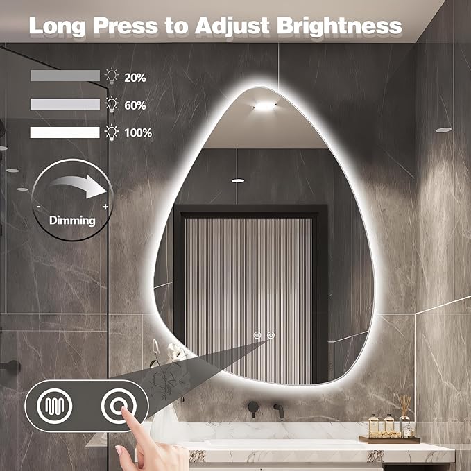Niccy Irregular LED Bathroom Mirror, 28"x36" Asymmetrical Backlit Vanity Wall Mirrors, Frameless Lighted Mirrors for Bedroom, Living Room, Modern Smart-Mirror with Anti-Fog, Dimmable, Memory Function