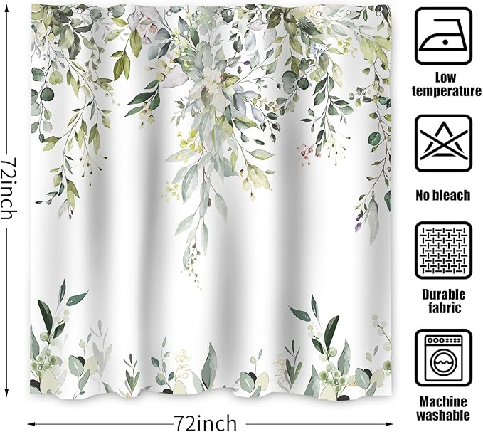 Sage Green Eucalyptus Shower Curtain, Watercolor Leaves Plant Spring Floral Waterproof Fabric Machine Washable with Hooks for Bathroom Bathtub Decor 72x72