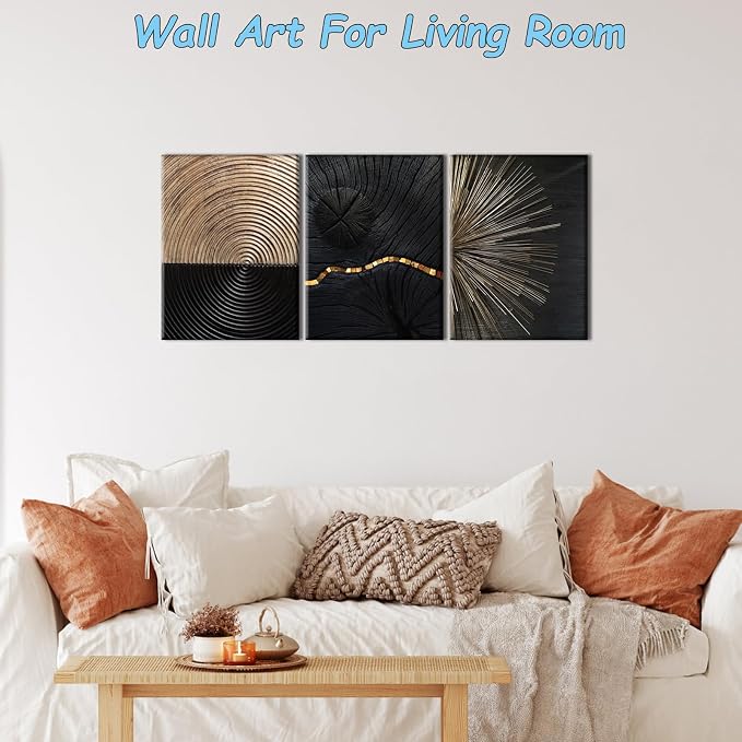 Pennimor 3Pcs Framed Retro Wood Grain Abstract Wall Art, Simple Geometric Line Wood Wall Decor, Black and Brown Modern Minimalist Artwork Printing for Bathroom Bedroom Living Room Home Office 12x16in
