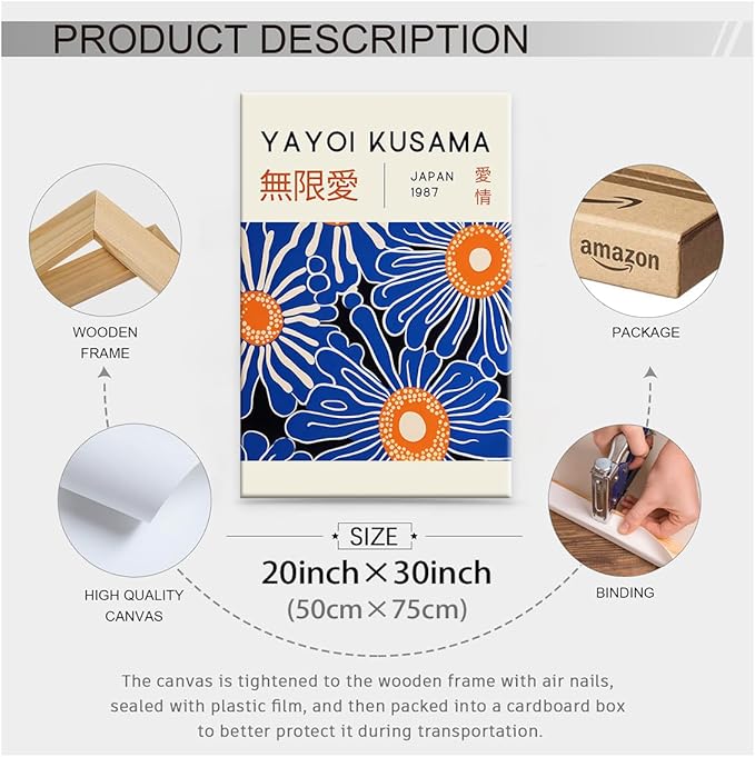 Yayoi Kusama Print Vintage Japanese Wall Art Abstract Yayoi Kusama Poster Minimalist Painting Art Exhibition Suitable for Japanese Bedroom,Living Room Office Decor 20x30in Framed