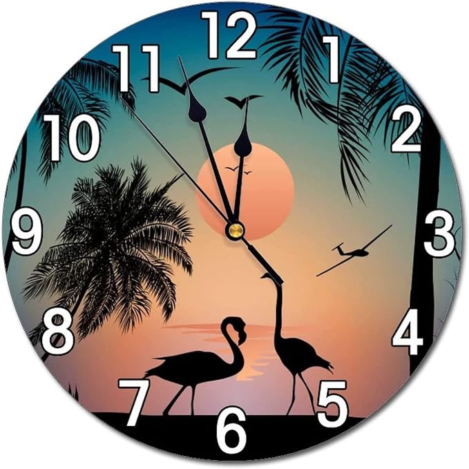 Flamingos Walk on the sea Beach Wall Clock Battery Operated Silent Round Clock Wall Decor for Home Office School, 12 Inch