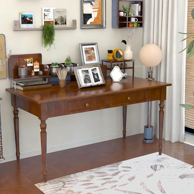 Solid Wood French Country Desk,Writing Desk with Storage Drawers,Farmhouse Computer Table Makeup Table Modern Simple Style,for Home Office Living Room Study Workspace Bedroom (Walnut, 47.2IN)