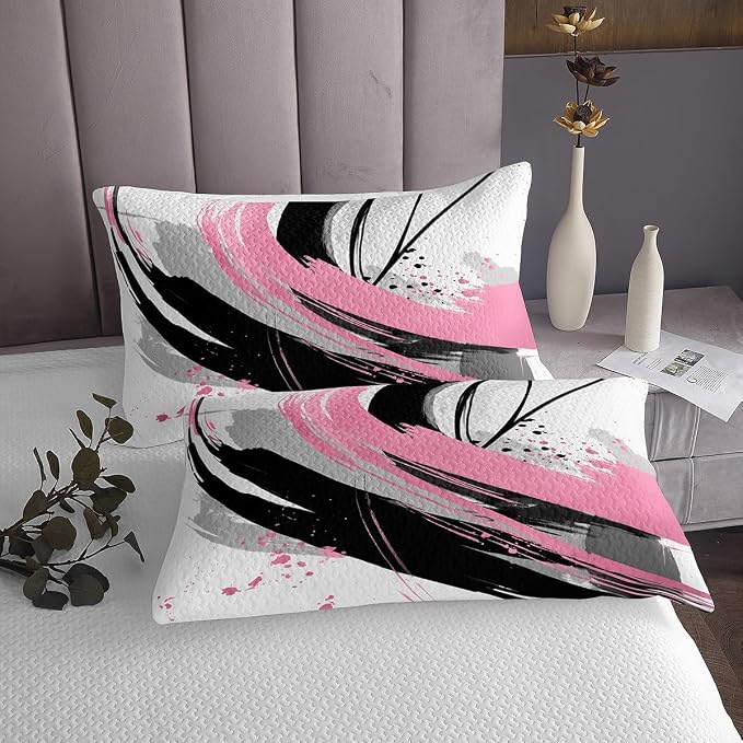 Erosebridal Black and Pink Quilt Set Queen - Geometric Decorative Abstract Coverlet Set Striped Bed Sets for Girls Boys Adults Watercolor Minimalists Graffiti Aesthetic Lines Quilts
