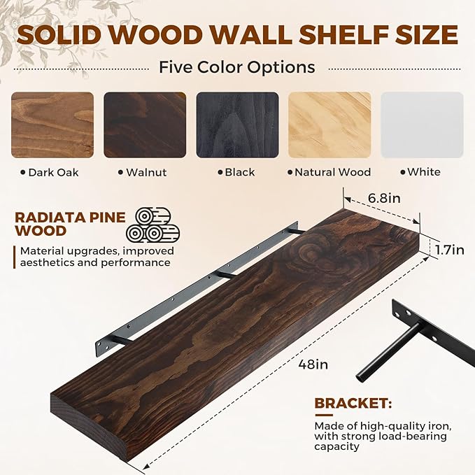 Floating Wall Shelf 48x6.8x1.7 Inch – Solid Wood Shelf in Walnut Finish – Extra Long Wall Mounted Rustic Display Shelf for Living Room, Kitchen, Bedroom, Office – Set of 2