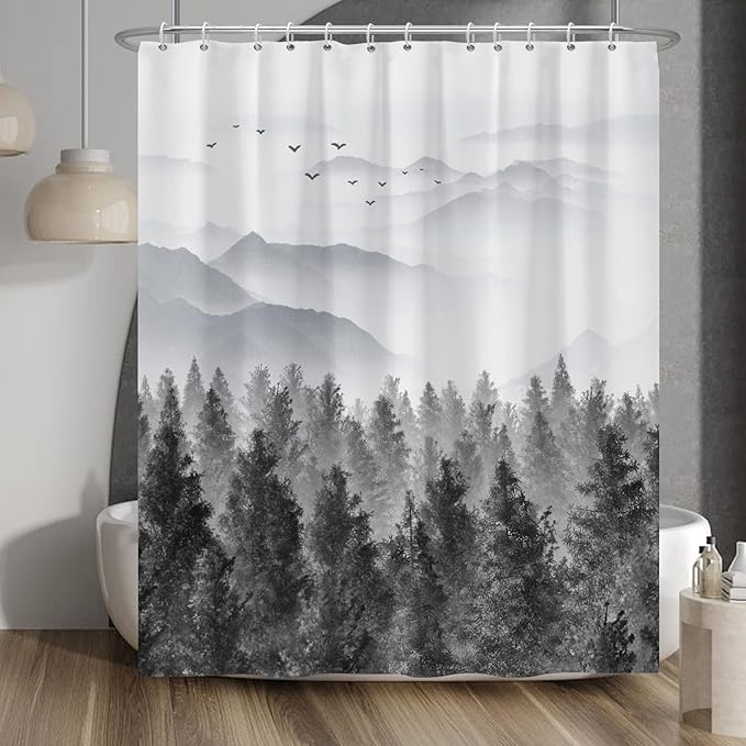 Baocicco Grey Forest Mountain Shower Curtain Watercolor Misty Forest Nature Tree Mountain Landscape Shower Curtains for Bathroom Waterproof Fabric Shower Curtain with Hooks 60x72 Inches