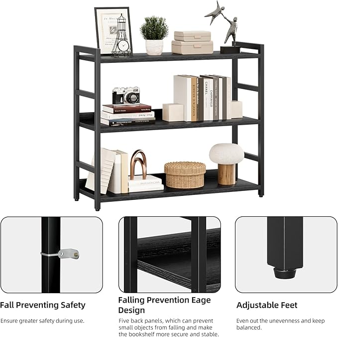 NUMENN Wide Bookshelf, 3 Tier Bookshelves, Home Office Bookcase Shelf Storage Organizer, Free Standing Storage Shelving Unit for Bedroom, Living Room and Home Office, Black