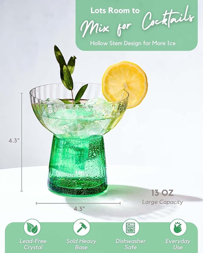 Colored Ribbed Highball Glasses Set of 4, Vintage Iced Tea Glassware, Tall Collins Glasses for Mojitos, Water, or Cocktails, Lightweight Lead-Free Crystal Drinkware (Style 3)