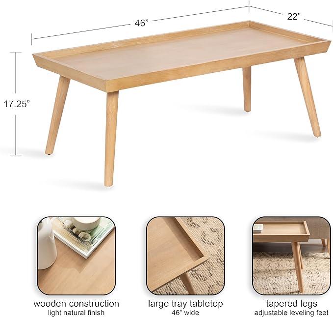 Kate and Laurel Eastmont Rectangle Wood Coffee Table, 46 x 22 x 17, Light Natural, Large Mid-Century Wooden Living Room Table with Stylish Tapered Legs and Adjustable Feet