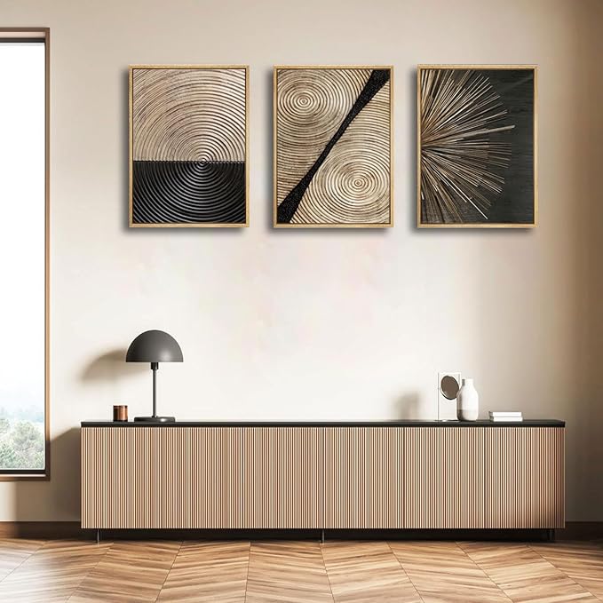 3Pcs Retro Wood grain Abstract Canvas Wall Art Minimalist Black Golden Line Texture Wall Decor Pictures Neutral Geometric Beige Brown Poster Prints for Living Room Bedroom Home Decoration 12x16in