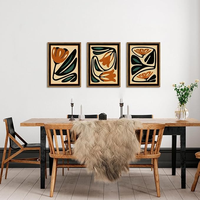 Mid Century Floral Wall Art Set of 3, Modern Abstract Botanical Wall Decor Picture, Vintage Boho Eclectic Plant Canvas Prints Paintings for Bedroom Living Room 12x16 inch Framed