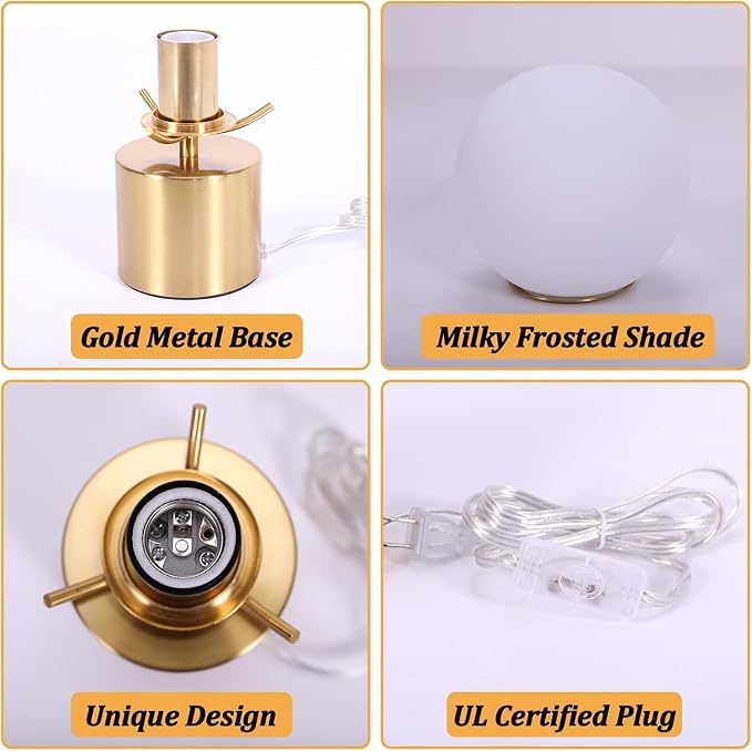 10 Inch Gold Globe Table Lamp, Mid Century Modern Desk Lamp with Frosted Glass Shade, Eye-Caring Soft Light, Gold Metal Base Ball Bedside Lamp for Bedroom Living Room Nightstand Home Decor