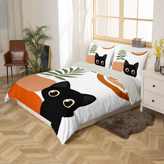 Erosebridal Funny Cat Duvet Cover King Boho Mid Century Bedding Set Modern Minimalism Animals Comforter Cover for Kids Girls Boys Adults Abstract Geometric Bed Set