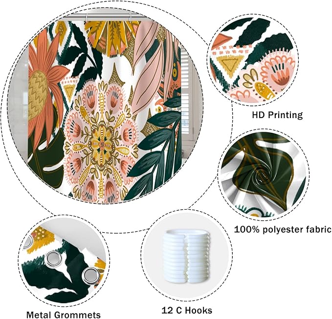 Bohemian Floral Bathroom Boho Abstract Tropical Leaves Flowers Shower Curtain with Hooks, Polyester Waterproof Fabric Paisley Unique Trendy Woman Decor, 65x72 Inch